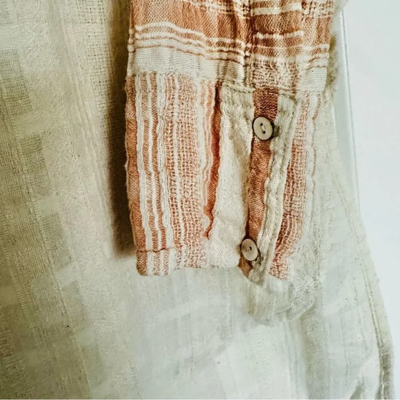 FREE PEOPLE | Orange Cream Ivory Mixed Fabric Shirt Button Down Shacket | Small - Picture 4 of 7